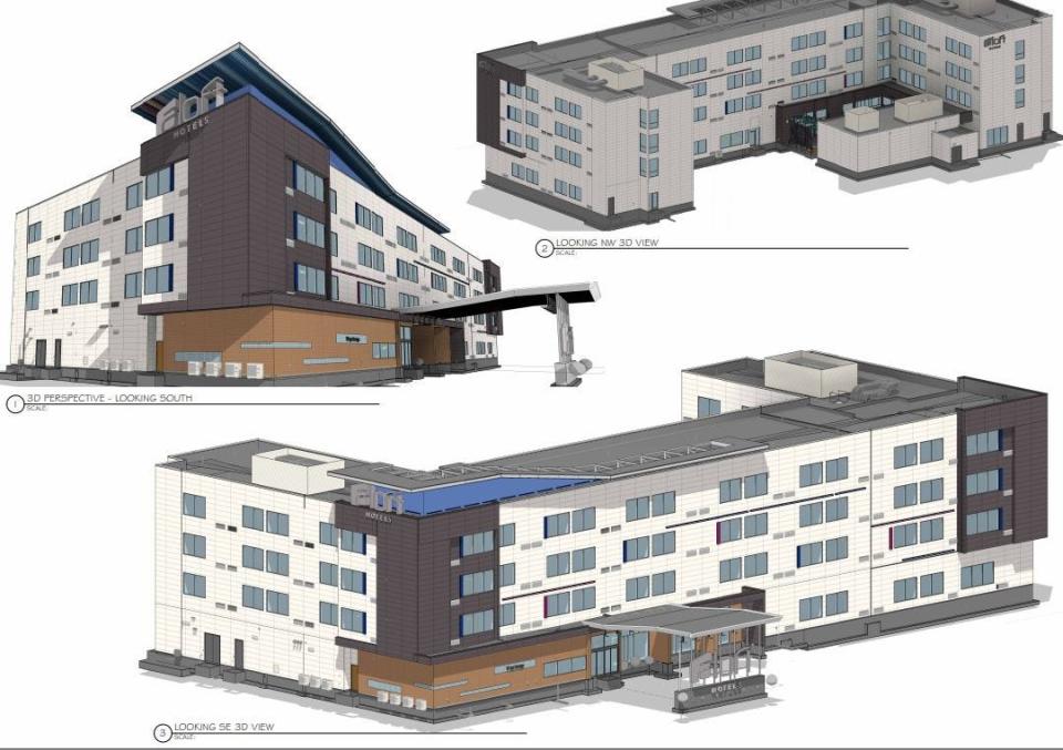 A rendering from site plans shows the Aloft Hotel planned for Waukee's KeeTown Loop entertainment district.