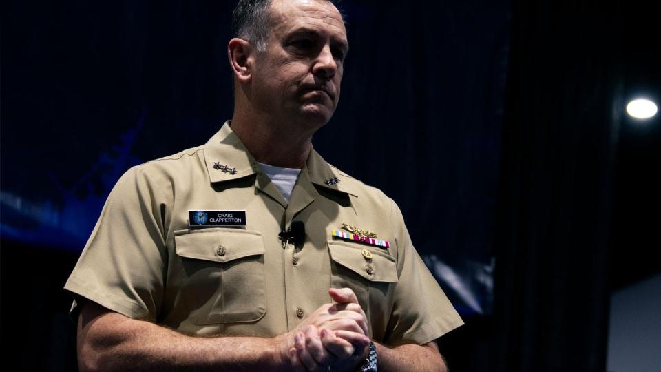 U.S. Navy Vice Adm. Craig Clapperton, the leader of U.S. Fleet Cyber Command, listens to a question at the West conference in San Diego on Feb. 13, 2024. (Colin Demarest/C4ISRNET)