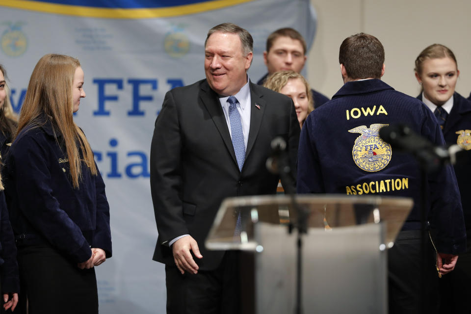 Secretary of State Mike Pompeo greets students after speaking to the Future Farmers of America and Johnston High School students, Monday, March 4, 2019, in Johnston, Iowa. (AP Photo/Charlie Neibergall)