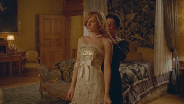 Stewart (left) in 'Spencer' in a Chanel gown, remade by the haute couture workroom, for the film costume designed by Durran.<p>Photo: Courtesy of Neon</p>