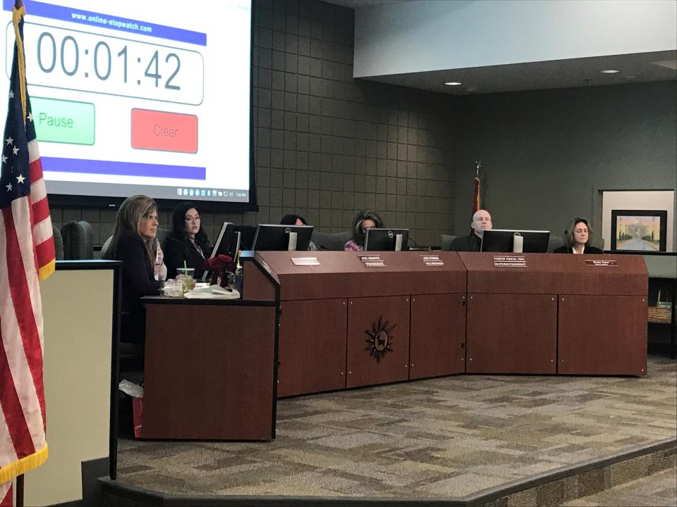 The Deer Valley Unified School District Governing Board listens to public comment about proposed high school boundary changes.