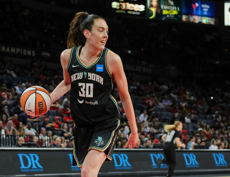LAS VEGAS, NEVADA - MAY 13: Breanna Stewart #30 of the New York Liberty takes the ball out of bounds after a Las Vegas Aces basket in the third quarter of their preseason game at Michelob ULTRA Arena on May 13, 2023 in Las Vegas, Nevada. The Aces defeated the Liberty 84-77. NOTE TO USER: User expressly acknowledges and agrees that, by downloading and or using this photograph, User is consenting to the terms and conditions of the Getty Images License Agreement. (Photo by Ethan Miller/Getty Images)