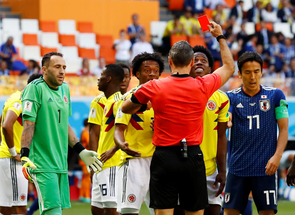 Referee Damir Skomina sends of Colombia’s Carlos Sanchez in its 2018 World Cup opener against Japan. (Reuters)