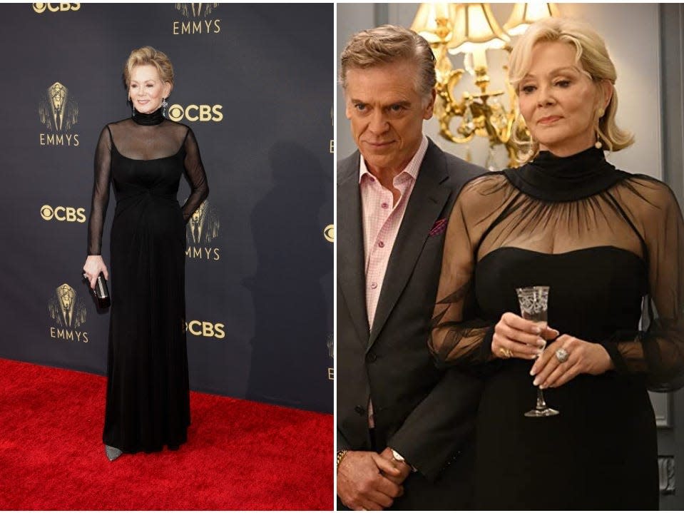 Jean Smart at the 73rd Emmy Awards (Left) and as Deborah Vance in HBO Max's "Hacks" (right).