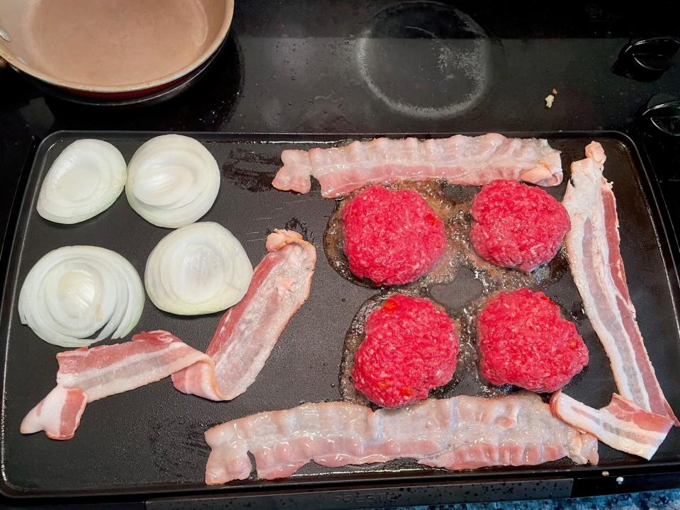 Making patties and toppings for Gordon Ramsay's Burger