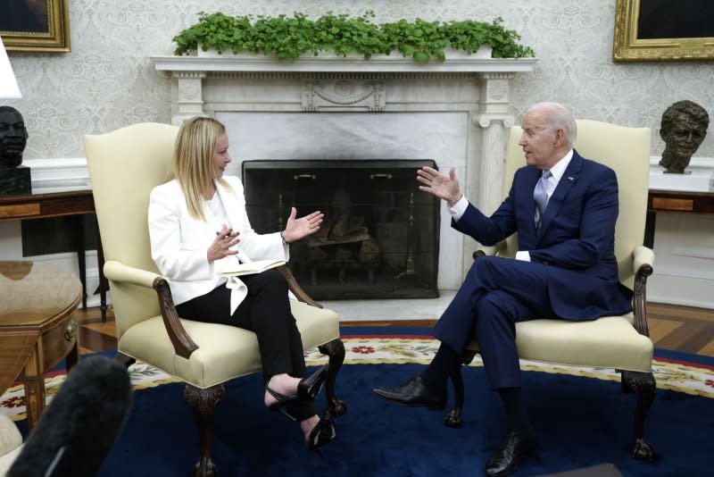 U.S. President Joe Biden meets with Italian Prime Minister Giorgia Meloni in the Oval Office of the White House in Washington on Thursday. Photo by Yuri Gripas/UPI