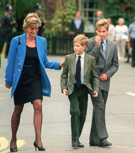PHOTO: Princess Diana, Prince Harry and Prince William arrive at Eton College for William's first day of school, Sept. 16, 1995, in Windsor, England.  (Anwar Hussein/Getty Images)