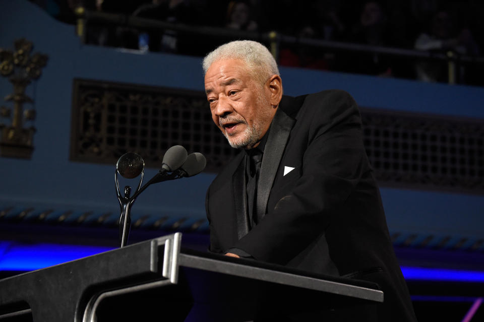 CLEVELAND, OH - APRIL 18: Bill Withers speaks onstage during the 30th Annual Rock And Roll Hall Of Fame Induction Ceremony at Public Hall on April 18, 2015 in Cleveland, Ohio. (Photo by Kevin Mazur/WireImage for Rock and Roll Hall of Fame)