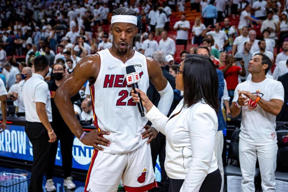 Miami Heat forward Jimmy Butler (22) speaks to the media after defeating the Boston Celtics 118-107 after the fourth quarter of Game 1 of the NBA Eastern Conference Finals series at FTX Arena in Miami, Florida, on Tuesday, May 17, 2022.