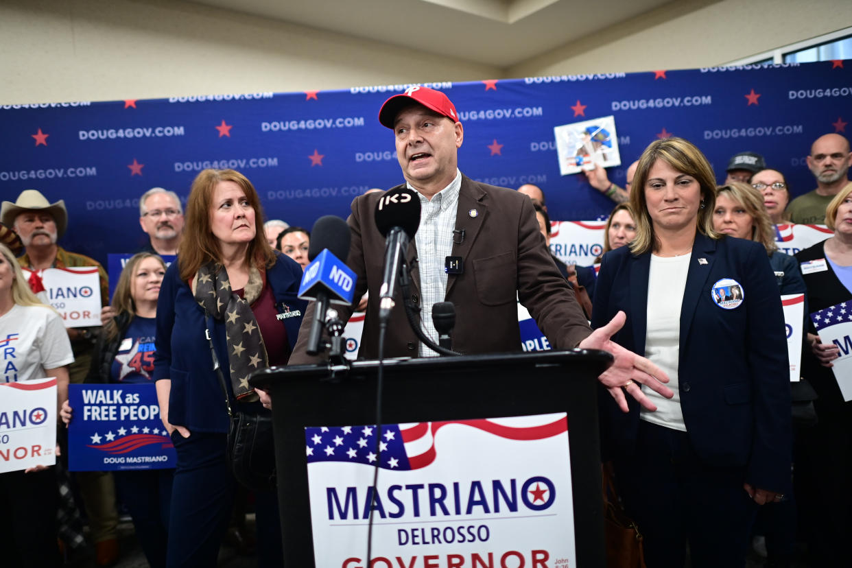 Republican gubernatorial candidate for Pennsylvania Governor Doug Mastriano, with his wife, Rebecca, left