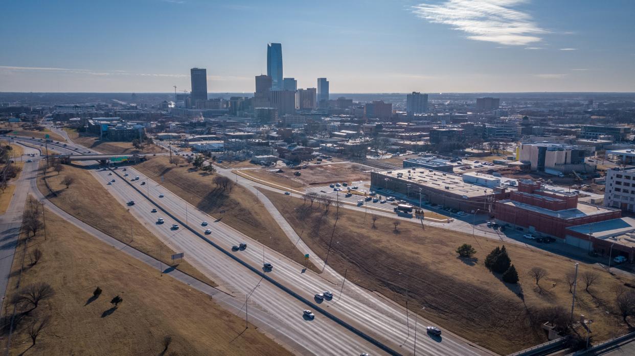 Drone image of Oklahoma City skyline with I-235 in the foreground. [Image by Dave Morris/The Oklahoman]