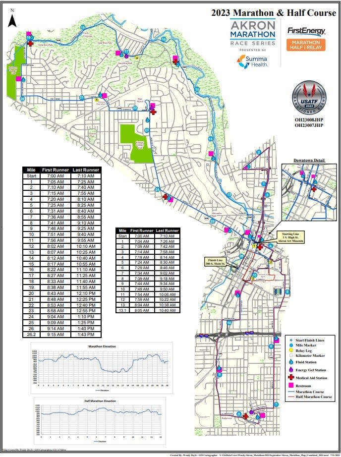 Color-coded map of the 2023 Akron Marathon, Half Marathon and Team Relay.