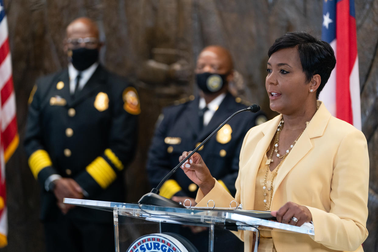 Atlanta Mayor Keisha Lance Bottoms announces that she will not seek reelection at a press conference at City Hall on May 7, 2021 in Atlanta, Georgia. (Photo by Elijah Nouvelage/Getty Images)