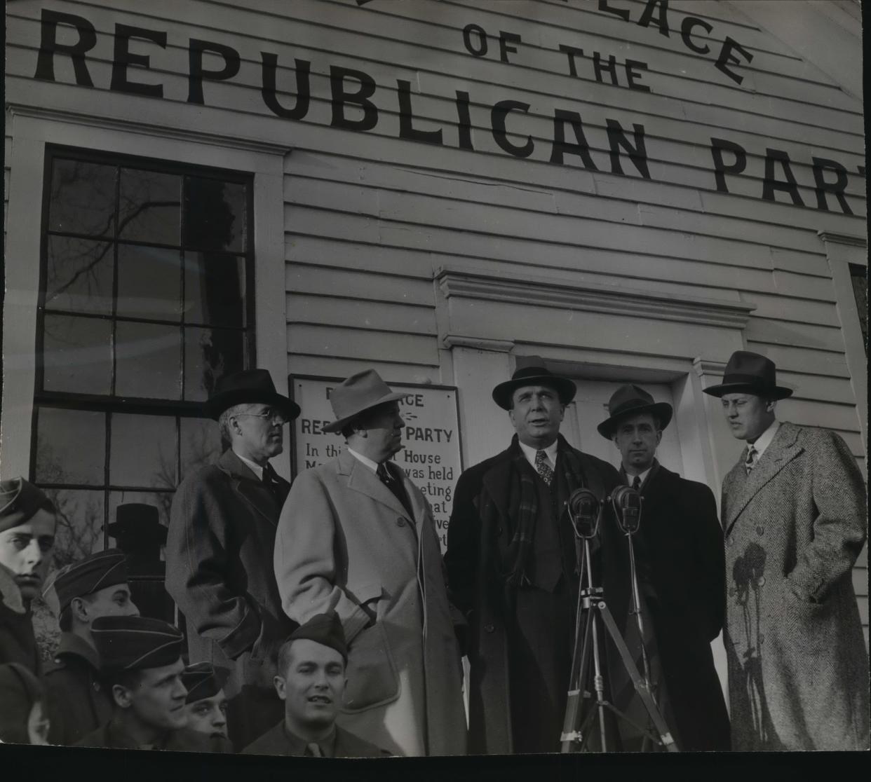 1940 Republican candidate for president Wendell Willkie (center, speaking into the microphone) speaks in front of the Little White Schoolhouse in Ripon on March 20, 1944. The Republican Party was founded in the schoolhouse in 1854.