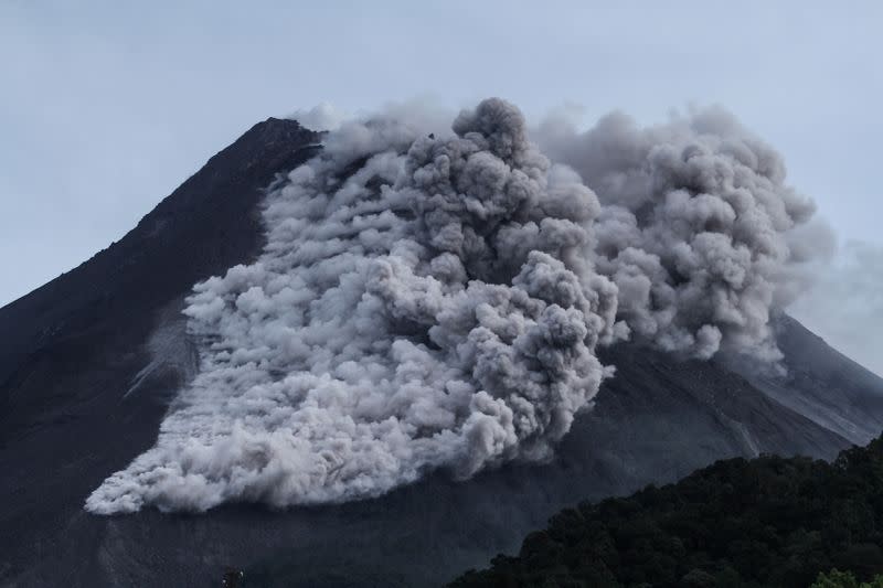Mount Merapi volcano spews hot ash as seen from Kaliurang in Sleman