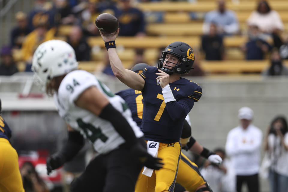 California quarterback Chase Garbers throws against Sacramento State during the first half of an NCAA college football game on Saturday, Sept. 18, 2021, in Berkeley, Calif. (AP Photo/Jed Jacobsohn)