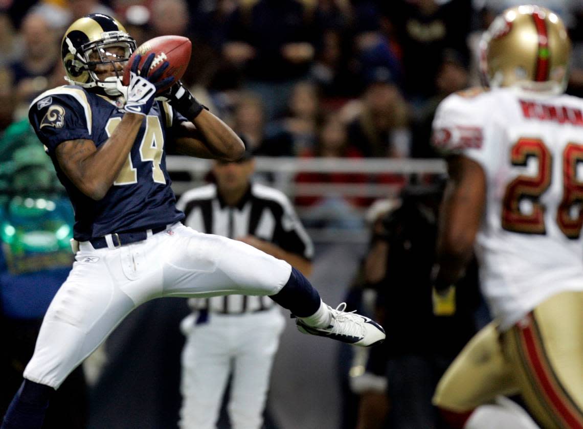 Keenan Burton, left, caught 38 passes for 425 yards and a touchdown in two years with the St. Louis Rams before injuries cut short his NFL career.