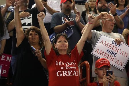 People cheer as U.S. President Donald Trump appears on stage at a rally in Harrisburg, Pennsylvania, U.S. April 29, 2017. REUTERS/Carlo Allegri