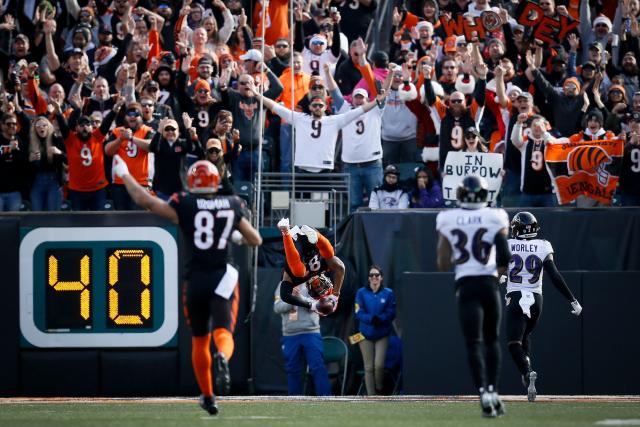 Cincinnati Bengals wide receiver Tyler Boyd (83) catches a touchdown pass  from quarterback Joe …