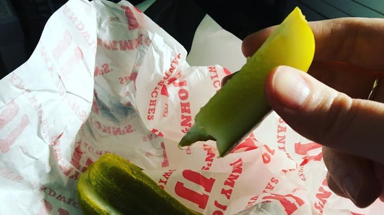 Jimmy John's pickle in quarters