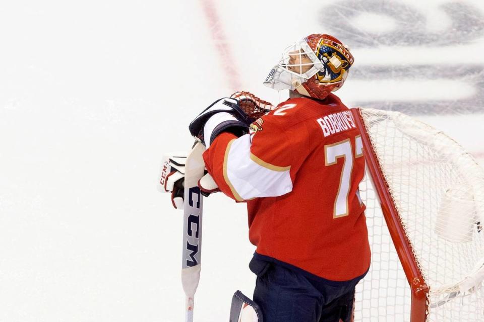 Florida Panthers goaltender Sergei Bobrovsky (72) looks up after a goal by the New York Islanders during the third period of the NHL hockey game in Toronto, Friday, Aug. 7, 2020. (Chris Young/The Canadian Press via AP)