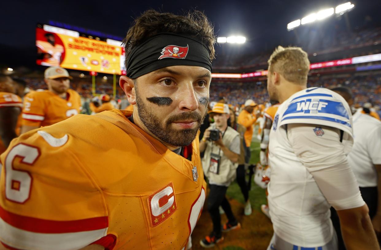 Mayfield and Goff after the Lions' 20-6 win over the Bucs in October. (Mike Ehrmann/Getty Images)