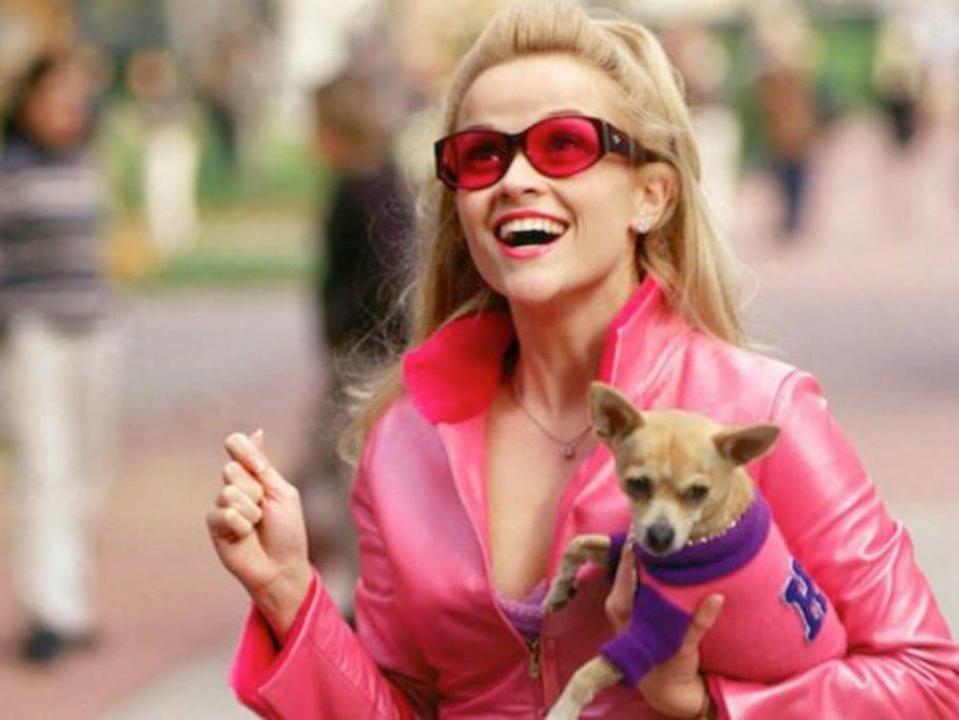 A still from Legally Blonde showing Reese Witherspoon as Elle Woods wearing pink