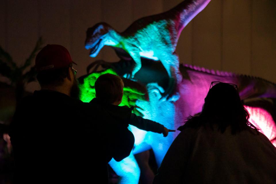 A family is silhouetted while viewing the Dino & Dragon Stroll exhibit at the Columbus Convention Center in Columbus Saturday.