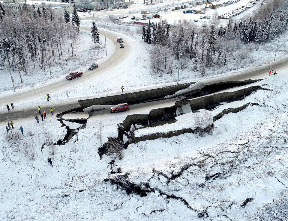 The northbound ramp for International Airport Rd. at Minnesota Blvd. in Anchorage collapsed Friday morning after a strong earthquake shook south-central Alaska, Nov. 30, 2018. (Photo: Ryan Marlow/Alaska Aerial Media/ZUMA Wire)
