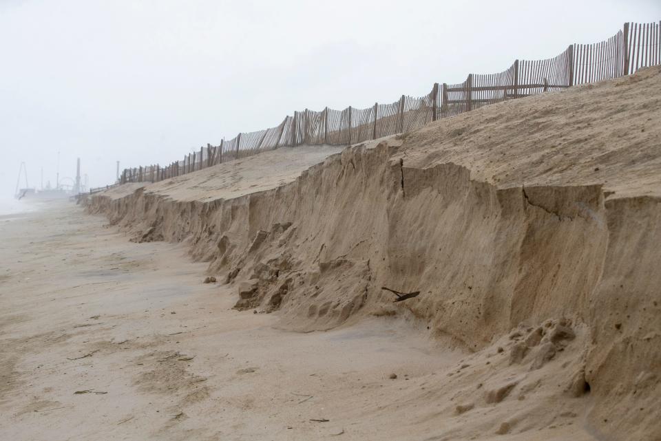 A high and low pressure gradient sends northeast wind and waves to the Jersey Shore. The beach at Sixth Avenue in Ortley Beach, which has recently been replenished, once again shows signs of major erosion along the dune line. 
Ortley Beach, NJ
Tuesday, September, 26, 2023