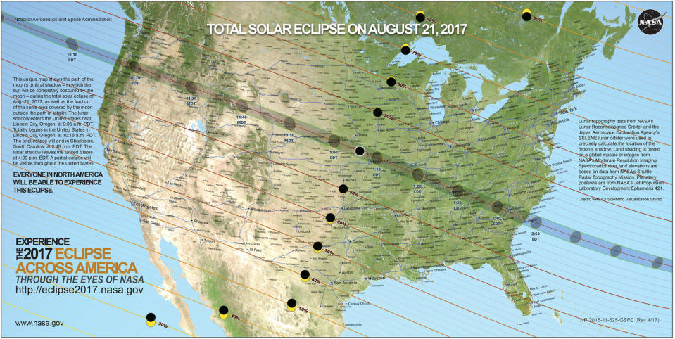 A map of the total solar eclipse path of Aug. 21, 2017. An estimated 215 million American adults — 88 percent of the U.S. adult population — observed the eclipse. <cite>NASA</cite>