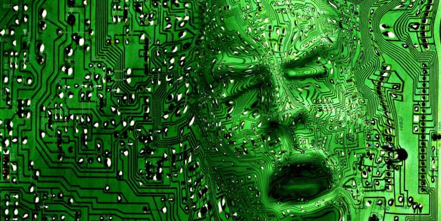 face emerging from circuit board digital composite