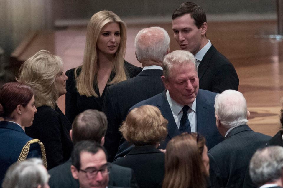 Former Vice President Joe Biden, and his wife Jill Biden, speak with Ivanka Trump, the daughter of President Donald Trump, and her husband, President Donald Trump's White House Senior Adviser Jared Kushner, as former Vice President Al Gore, speak to former President Jimmy Carter, and former first lady Rosalynn Carter, before a State Funeral for former President George H.W. Bush at the National Cathedral, in Washington, DC on Dec. 5, 2018.