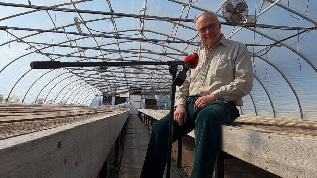 John Detorakis, co-owner of Canada Green, sits in one of his recently emptied greenhouses as his family prepares for the spring growing season. He says knowing a mining exploration company could come looking for gold under his land is a stressful unknown.