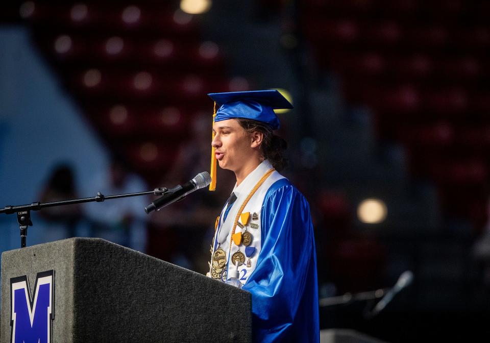 Mulberry High School Salutatorian Zack Buffington gives his address during the 2022 Mulberry High School Graduation Ceremony at the RP Funding Center in Lakeland Fl. Thursday May 19,  2022.  ERNST PETERS/ THE LEDGER