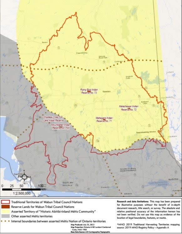 A territorial map filed in Federal Court shows the Wabun Tribal Council territory outlined in red contrasted with asserted Métis Nation of Ontario territories in red grey and yellow.