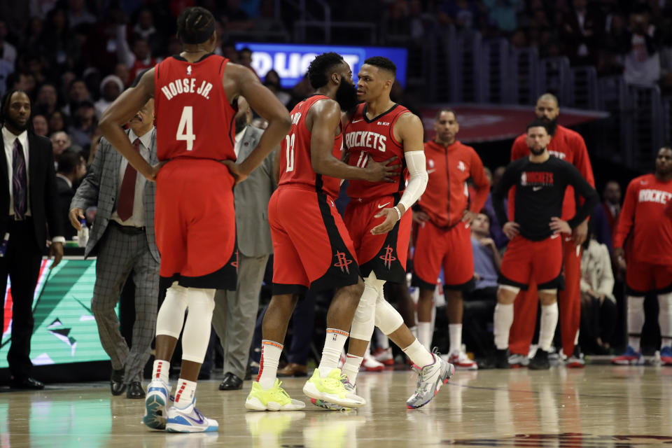 Russell Westbrook批他打球自私，James Harden：我們打球方式沒問題。 (AP Photo/Marcio Jose Sanchez)