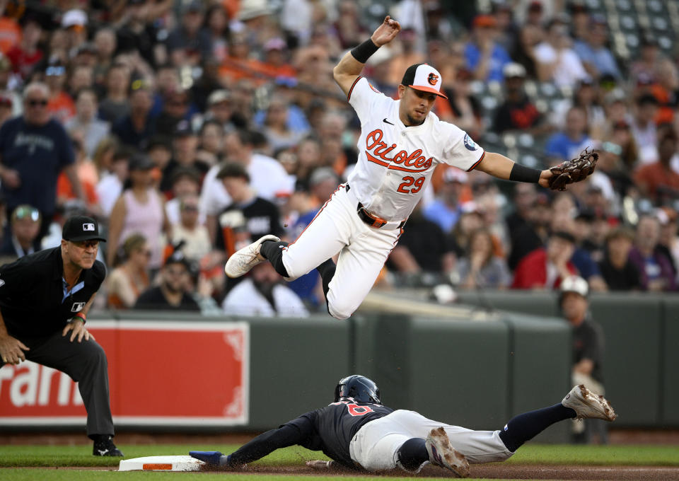 Cleveland Guardians' Andres Gimenez, bottom, steals third against Baltimore Orioles third baseman Ramon Urias (29) during the first inning of a baseball game, Monday, June 24, 2024, in Baltimore. (AP Photo/Nick Wass)