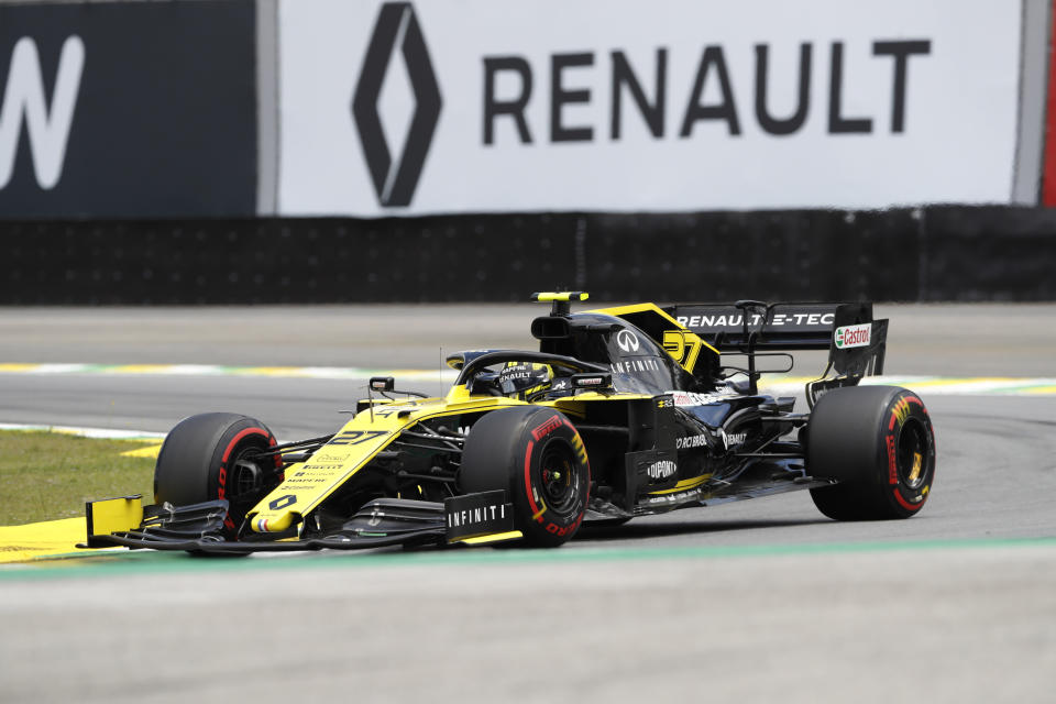 Renault driver Nico Hulkenberg, of Germany, competes during the third free practice session for the Formula One Brazil Grand Prix auto race at the Interlagos race track in Sao Paulo, Brazil, Saturday, Nov. 16, 2019. (AP Photo/Nelson Antoine)