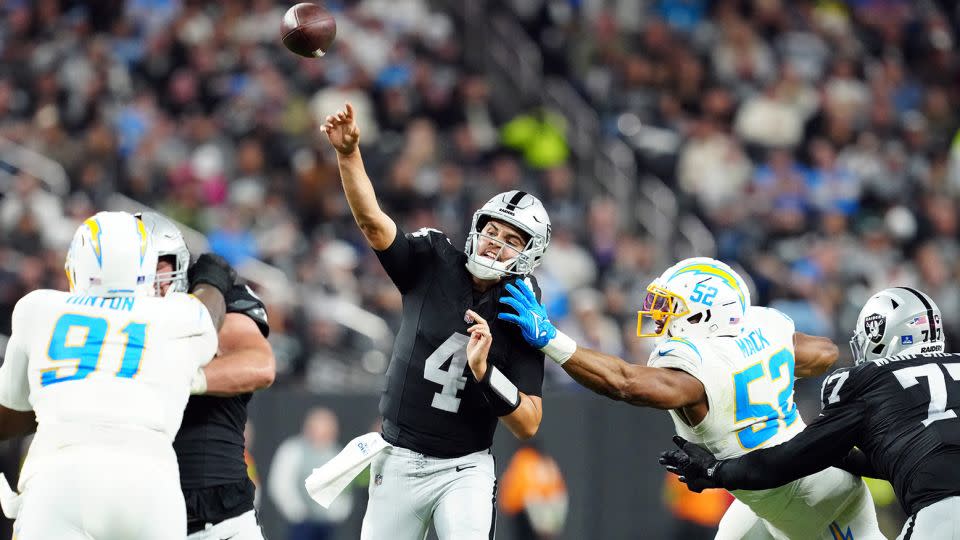 Las Vegas Raiders quarterback Aidan O'Connell (4) throws a pass under against the Los Angeles Chargers. - Stephen R. Sylvanie//USA TODAY Sports/Reuters