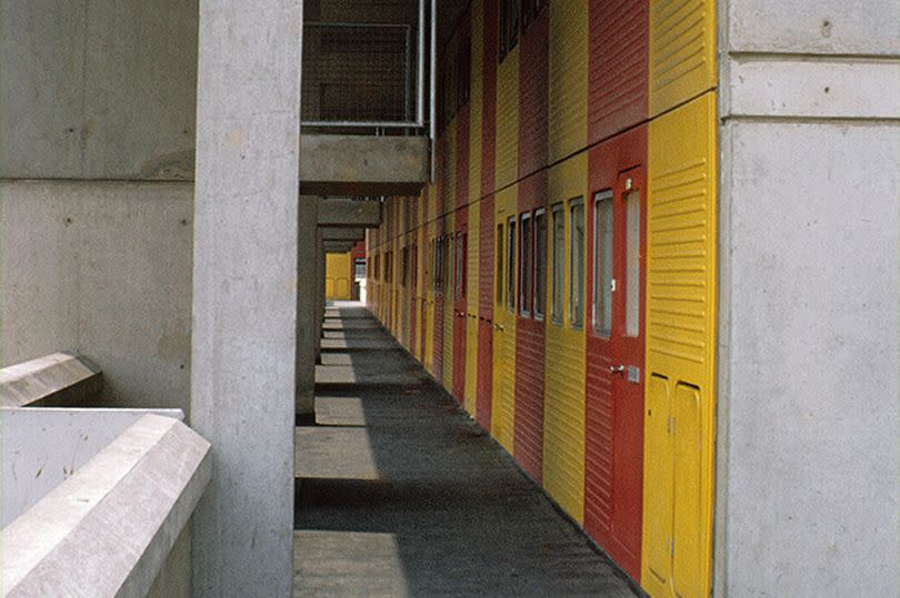 The Southgate estate, Runcorn, pictured in 1973, with garishly coloured panels