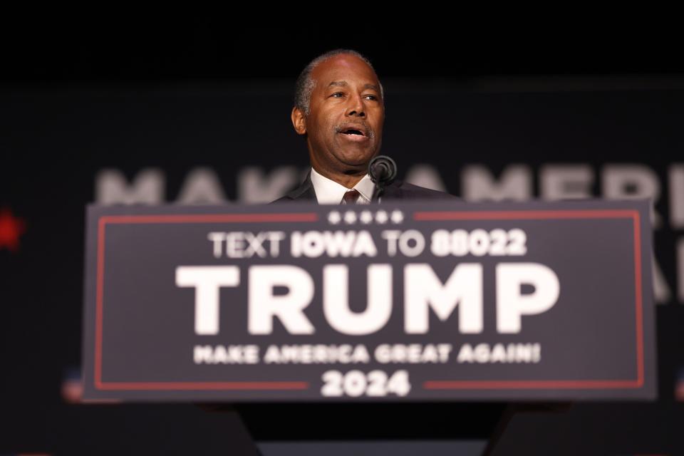 SIOUX CITY, IOWA - OCTOBER 29: Former HUD Secretary Ben Carson endorses Republican presidential candidate former U.S. President Donald Trump during a campaign event with the former president on October 29, 2023 in Sioux City, Iowa. On Saturday, Trump joined other Republican presidential candidates when he addressed Republican Jewish Coalition’s annual conference where his one-time vice president, Mike Pence, announced he was suspending his campaign.