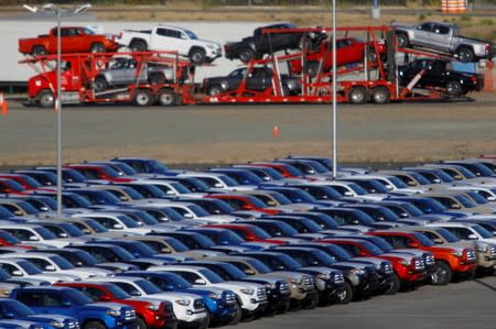 Newly assembled vehicles are seen at a stockyard of the automobile plant Toyota Motor Manufacturing of Baja California in Tijuana