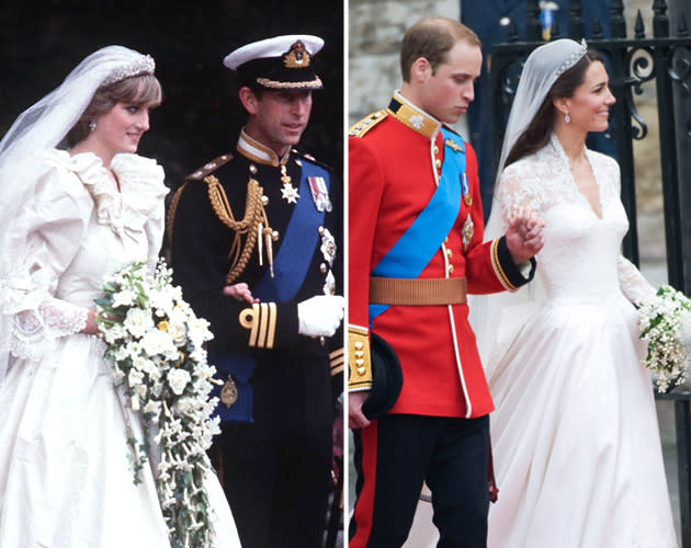 <div class="caption-credit"> Photo by: Both from Getty Images</div><div class="caption-title">The world's two most famous wedding dresses</div>Both brides made a statement with their dress. Diana's was designed to her specification by relative unknowns David and Elizabeth Emmanual, and had a 25-foot train, 10,000 pearls, sequins and hand-embroidered lace. In <i><a rel="nofollow noopener" href="http://www.randomhouse.com/doubleday/dianachronicles/" target="_blank" data-ylk="slk:The Diana Chronicles;elm:context_link;itc:0;sec:content-canvas" class="link ">The Diana Chronicles</a></i>, Tina Brown writes that 20-year-old Diana Spencer was "insistent in her demand for [the dress's] puffy sleeves and floating silk, its twenty-five-foot taffeta train, its nipped waist, and its antique lace embroidered with pearls and sequins." But, "by the 1990s...the voluminous crinoline she had worn on July 29, 1981, embarrassed her." Diana would have approved, then, of Kate's form-fitting Alexander McQueen dress, which used hand-tatted Carrickmacross lace, as a tribute to the lace on Di's dress, but was comparatively understated. <br>