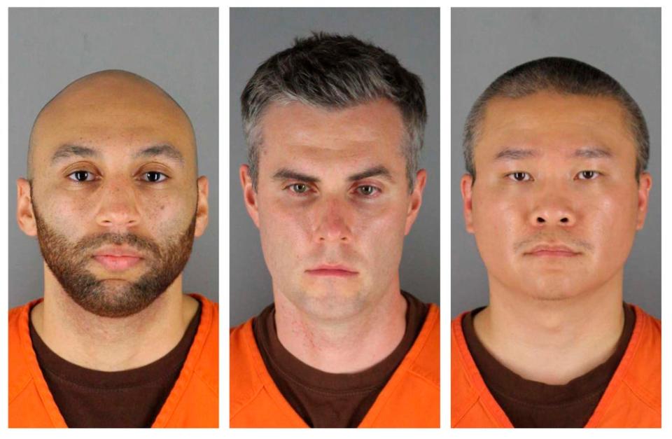 De izquierda a derecha: J. Alexander Kueng, Thomas Lane y Tou Thao en fotografías de su procesamiento (Hennepin County Sheriff)