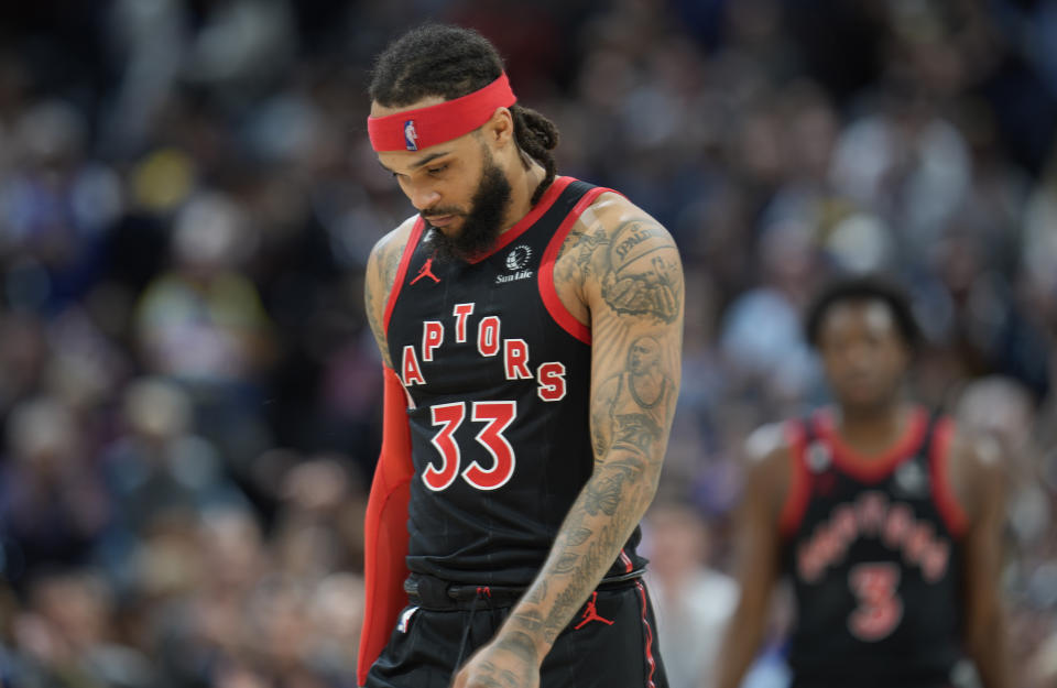 Toronto Raptors guard Gary Trent Jr. heads off the court after the second half of an NBA basketball game against the Denver Nuggets, Monday, March 6, 2023, in Denver. (AP Photo/David Zalubowski)