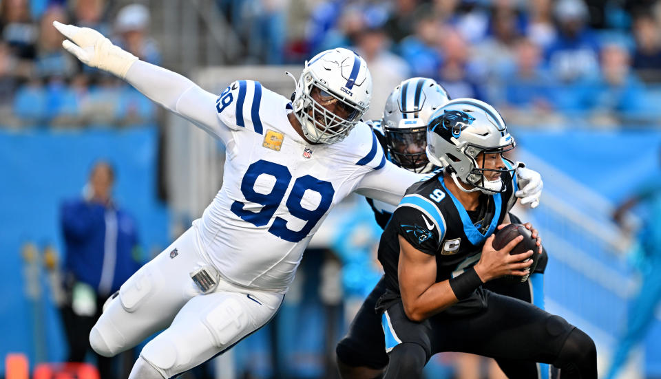 Bryce Young was under constant pressure Sunday by DeForest Buckner (99) and the Colts' pass rush. (Photo by Grant Halverson/Getty Images)