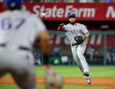 Jun 18, 2018; Kansas City, MO, USA; Texas Rangers shortstop Elvis Andrus (1) throws to first base in the seventh inning against the Kansas City Royals at Kauffman Stadium. Mandatory Credit: Jay Biggerstaff-USA TODAY Sports