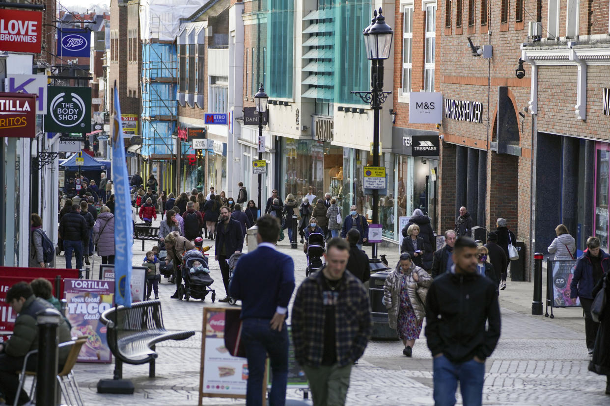 File photo dated 11/02/22 of people walking along Peascod Street in Windsor, Berkshire. Shopper footfall across the UK continued its gradual improvement in March as many consumers enjoyed their first full month free of Covid restrictions. Issue date: Friday April 8, 2022.