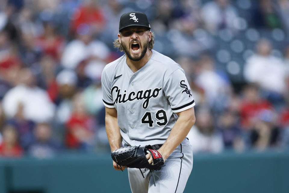 Chicago White Sox relief pitcher Kendall Graveman celebrates the team's 4-2 win against the Cleveland Guardians in a baseball game, Tuesday, May 23, 2023, in Cleveland. (AP Photo/Ron Schwane)